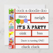 納屋周囲の庭のアニマル・ファーム牛ブタの馬の誕生日 招待状 (正面)