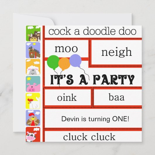 納屋周囲の庭のアニマル・ファーム牛ブタの馬の誕生日 招待状 (正面)