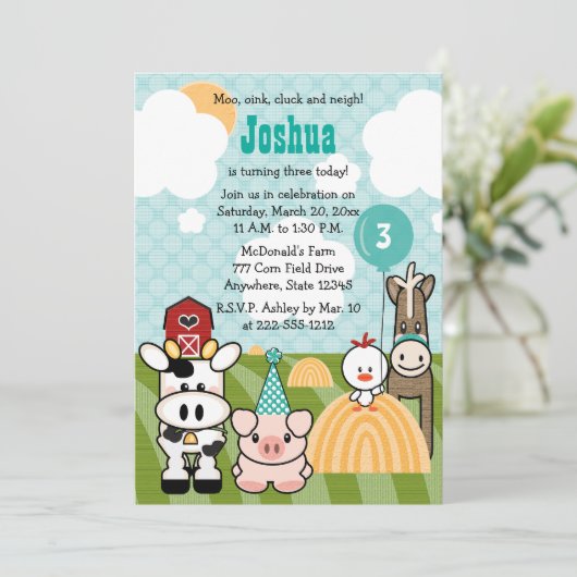 納屋周囲の庭のパーティーの農場の誕生日の招待状年齢 招待状 (スタンド正面)