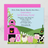 納屋周囲の庭の動物のおもしろいの誕生会のピンクの女の子 招待状 (正面/裏面)