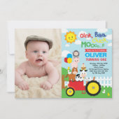 納屋周囲の庭の強打の家畜の第1誕生日の写真 招待状 (正面)