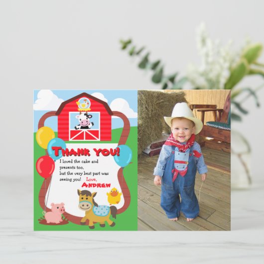 納屋周囲の庭の誕生日の家畜は写真との感謝していしています サンキューカード (スタンド正面)