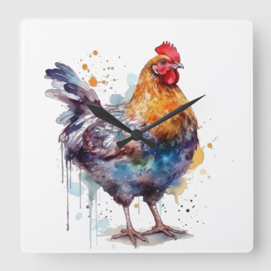 納屋周囲の庭の輝き:水彩Hen スクエア壁時計 (正面)