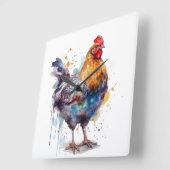 納屋周囲の庭の輝き:水彩Hen スクエア壁時計 (傾斜)