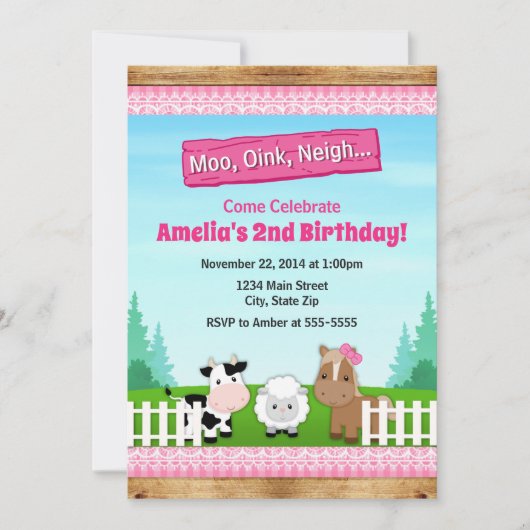 納屋周囲の庭の農場の誕生日の女の子の招待状のピンク 招待状 (正面)