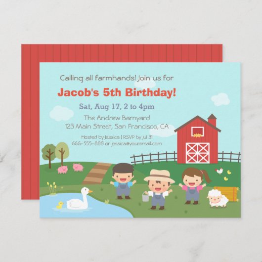 納屋周囲の庭の農場労働者の子供の誕生日のパーティの招待状 招待状 (正面/裏面)