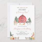 納屋周囲の庭アニマルクリスマス子供の誕生日パーティー 招待状 (正面)