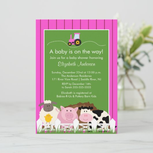 納屋周囲の庭アニマルズベビーシャワー招待状ピンクガールズ 招待状 (スタンド正面)