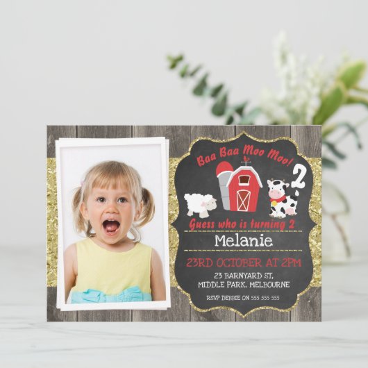 納屋周囲の庭ウッドシャルボードフォト誕生日招待状 招待状 (スタンド正面)