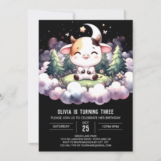 納屋周囲の庭デジタル牛誕生日 招待状 (正面)