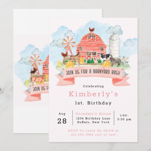 納屋周囲の庭バッシュファーム動物1st.誕生日パーティ請求書 招待状 (正面/裏面)