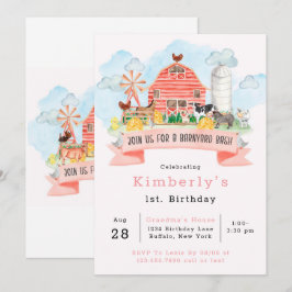 納屋周囲の庭バッシュファーム動物1st.誕生日パーティ請求書 招待状