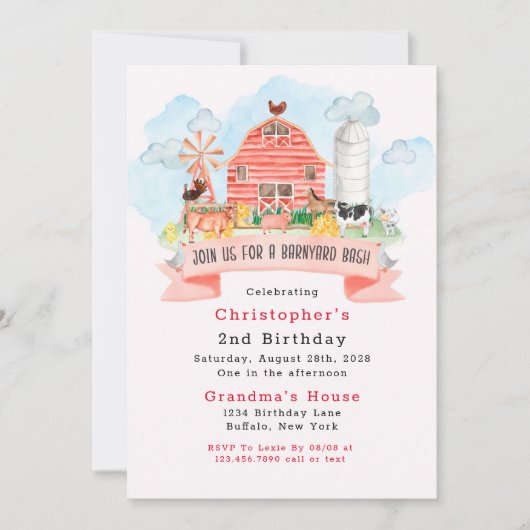 納屋周囲の庭バッシュファーム動物2nd誕生日パーティー 招待状 (正面)