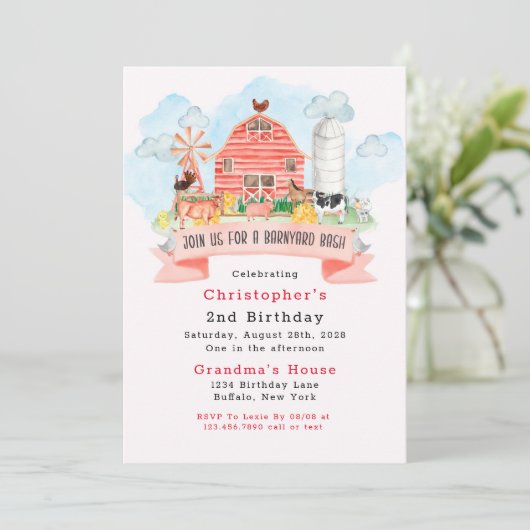 納屋周囲の庭バッシュファーム動物2nd誕生日パーティー 招待状 (スタンド正面)