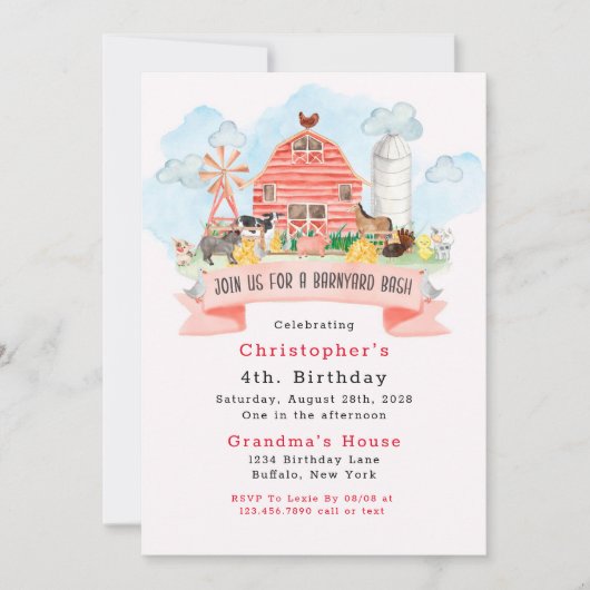 納屋周囲の庭バッシュファーム動物4th誕生日パーティー 招待状 (正面)