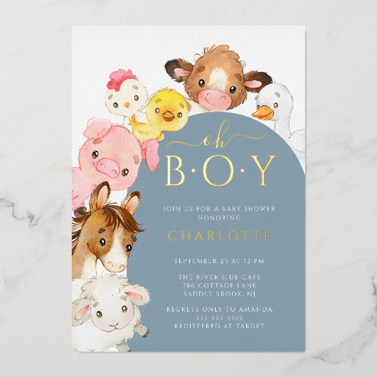 納屋周囲の庭バディーズ赤ちゃんシャワー 箔招待状 (正面)