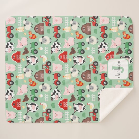 納屋周囲の庭パターンファーム動物かわいい子供たち シェルパブランケット (正面(横))