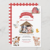 納屋周囲の庭ファームかわいい動物の赤ちゃんシャワー 招待状 (正面/裏面)