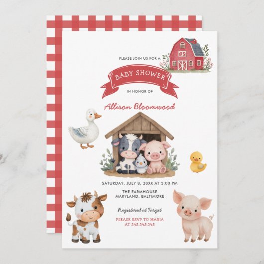 納屋周囲の庭ファームかわいい動物の赤ちゃんシャワー 招待状 (正面/裏面)