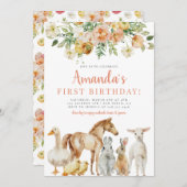 納屋周囲の庭ファームアニマルズガールフローラピーチ誕生日 招待状 (正面/裏面)