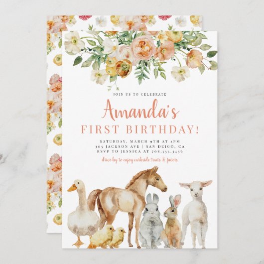 納屋周囲の庭ファームアニマルズガールフローラピーチ誕生日 招待状 (正面/裏面)