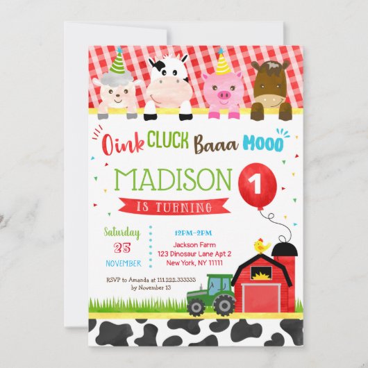 納屋周囲の庭ファームアニマルズバースデーパーティ招待状 招待状 (正面)