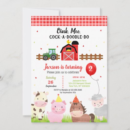 納屋周囲の庭ファームアニマルズ第2誕生日招待状 招待状 (正面)