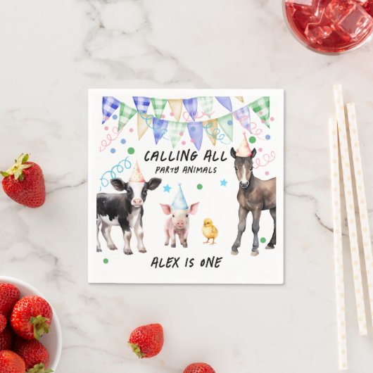 納屋周囲の庭ファームアニマルズ1歳の誕生日 スタンダードカクテルナプキン (インサイチュ)