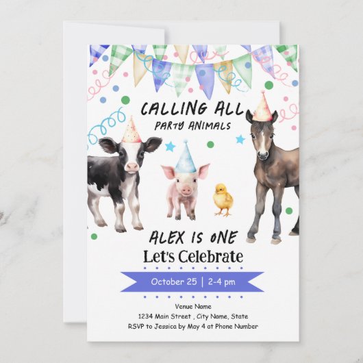 納屋周囲の庭ファームアニマルズ1歳の誕生日 招待状 (正面)