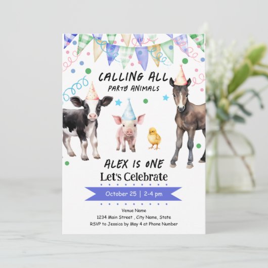 納屋周囲の庭ファームアニマルズ1歳の誕生日 招待状 (スタンド正面)