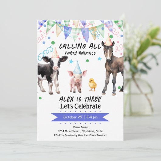 納屋周囲の庭ファームアニマルズ3歳の誕生日 招待状 (スタンド正面)