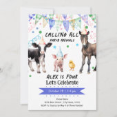 納屋周囲の庭ファームアニマルズ4歳の誕生日 招待状 (正面)