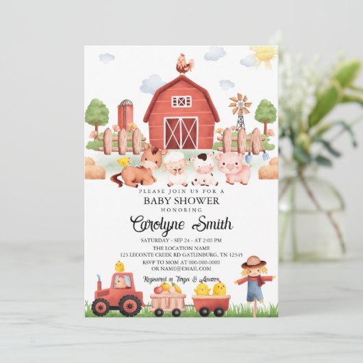 納屋周囲の庭ファームアニマルベビーシャワー招待状 招待状 (スタンド正面)