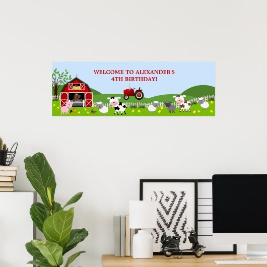 納屋周囲の庭ファームアニマル誕生日バナー ポスター (ホームオフィス)