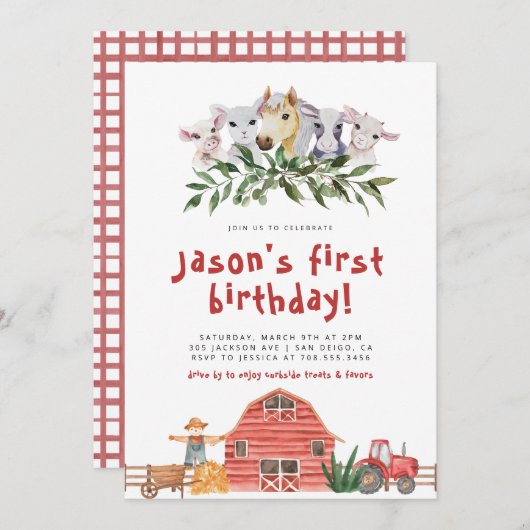 納屋周囲の庭ファームアニマル誕生日パレードウォーター色I 招待状 (正面/裏面)