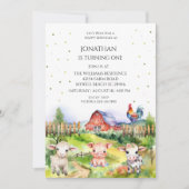 納屋周囲の庭ファームテーマボーイズ1st誕生日パーティー 招待状 (正面)