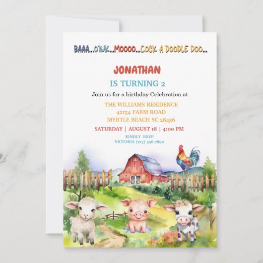 納屋周囲の庭ファームテーマボーイズ2nd誕生日パーティー 招待状 (正面)