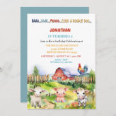 納屋周囲の庭ファームテーマボーイズ2nd誕生日パーティー 招待状 (正面/裏面)