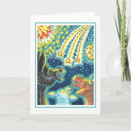 納屋周囲の庭ファーム動物オン7月4日おもしろいかわいい シーズンカード (正面)