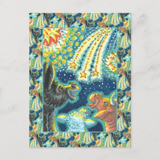 納屋周囲の庭ファーム動物オン7月4日おもしろいかわいい シーズンポストカード (正面)