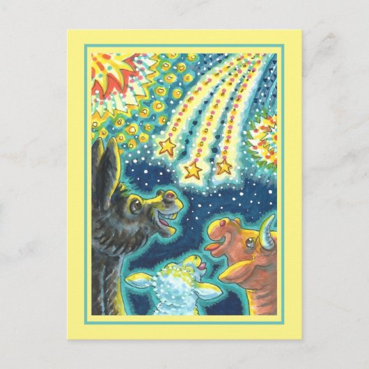 納屋周囲の庭ファーム動物オン7月4日おもしろいかわいい シーズンポストカード (正面)