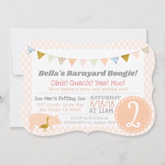 納屋周囲の庭ブギーバースデーパーティーファームテーマ豚 招待状 (正面)