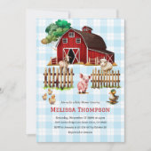 納屋周囲の庭ブループレイドファーム動物赤ちゃんシャワーボーイ 招待状 (正面)