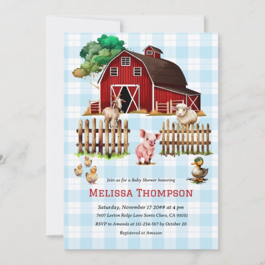納屋周囲の庭ブループレイドファーム動物赤ちゃんシャワーボーイ 招待状 (正面)