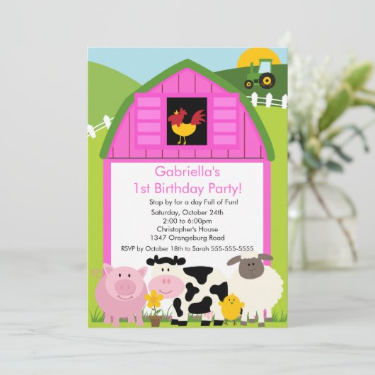 納屋周囲の庭動物おもしろい誕生日パーティーピンクガールズ 招待状 (スタンド正面)