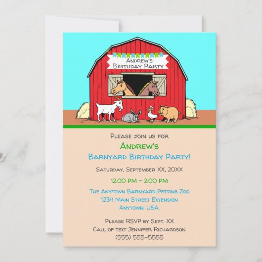 納屋周囲の庭動物が動物園の誕生日パーティー 招待状 (正面)