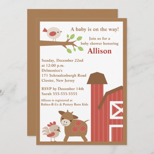 納屋周囲の庭動物のベビーシャワーの招待状 招待状 (正面/裏面)