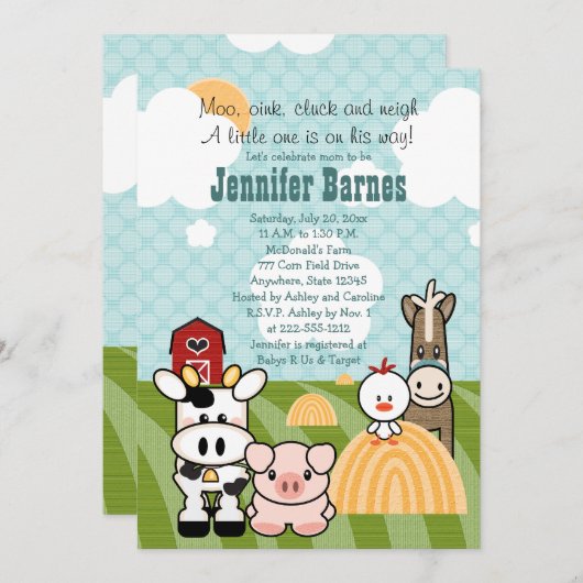 納屋周囲の庭動物のベビーシャワー招待状 招待状 (正面/裏面)