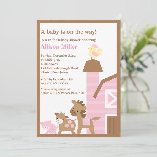 納屋周囲の庭動物の女の赤ちゃんのシャワーの招待状 招待状 (スタンド正面)