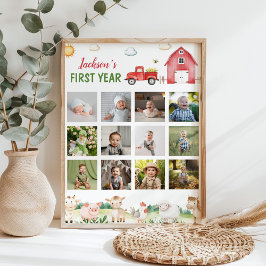 納屋周囲の庭動物の最初の年フォトマイルストーンポスター ポスター